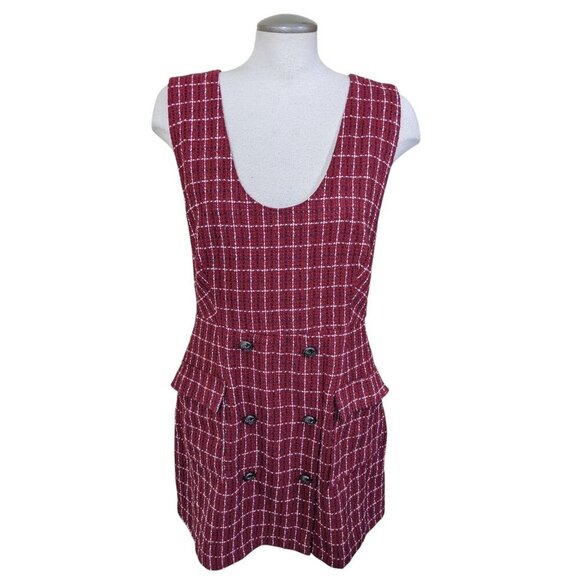 Joe Fresh Plaid Pinafore Dress Womens L Boucle Red White Black Pockets Academic - Picture 2 of 10